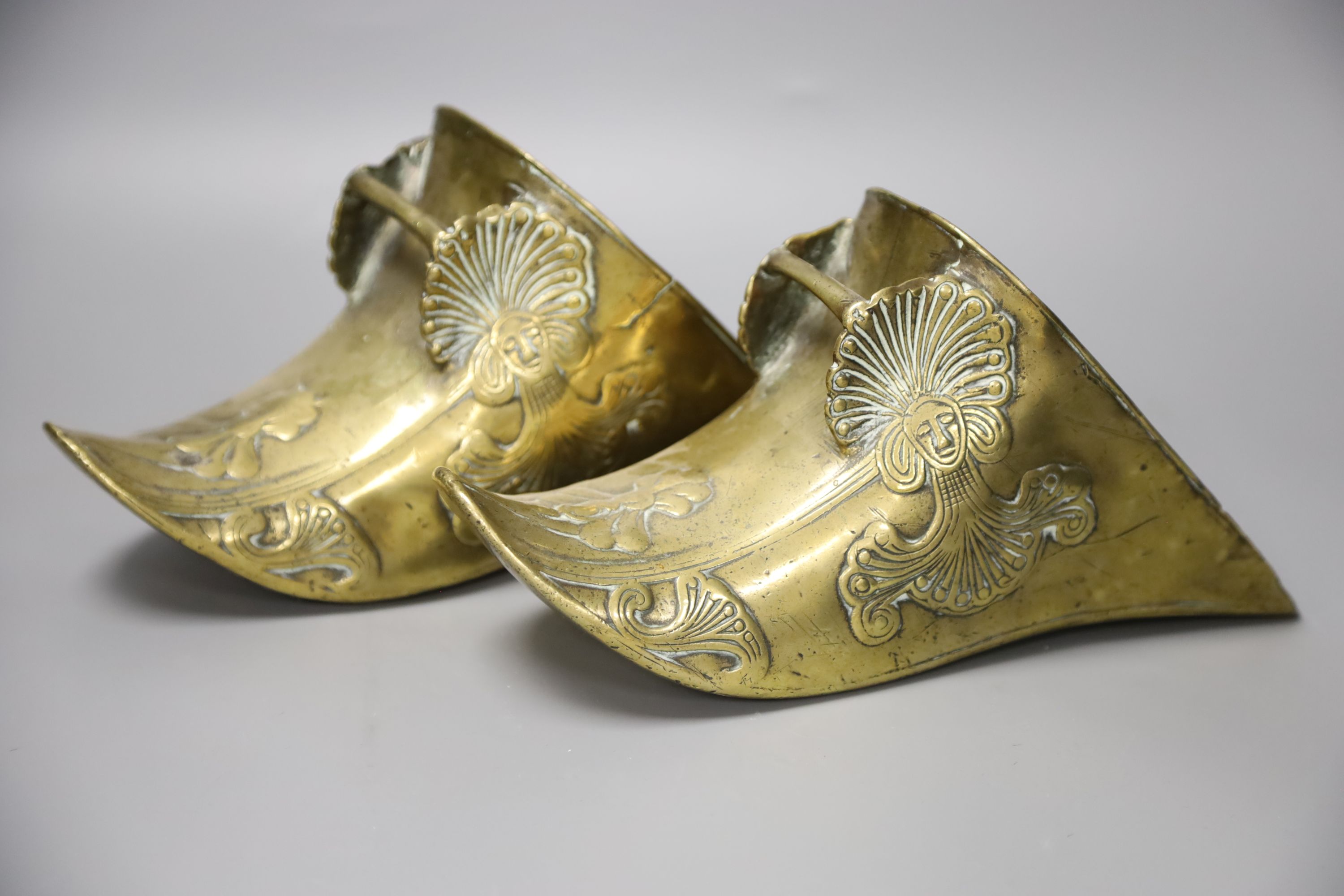 A pair of Spanish colonial brass stirrup shoes, length 26cm